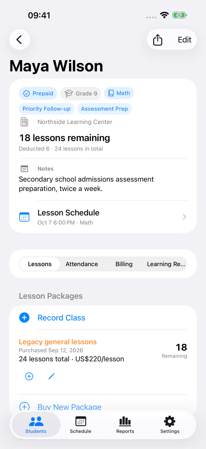 Maya Wilson's demonstration student record: 24 total lessons, 6 deducted and 18 remaining
