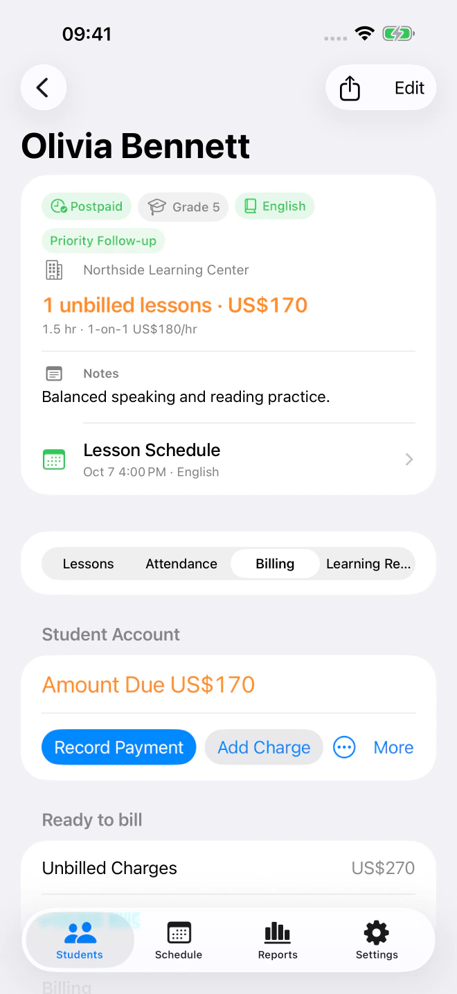Olivia's Billing workspace after recording USD 100: Amount Due is USD 170 and Unbilled Charges are USD 270