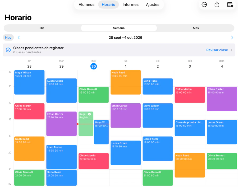 Horario semanal de Tutor Planner con clases durante la semana