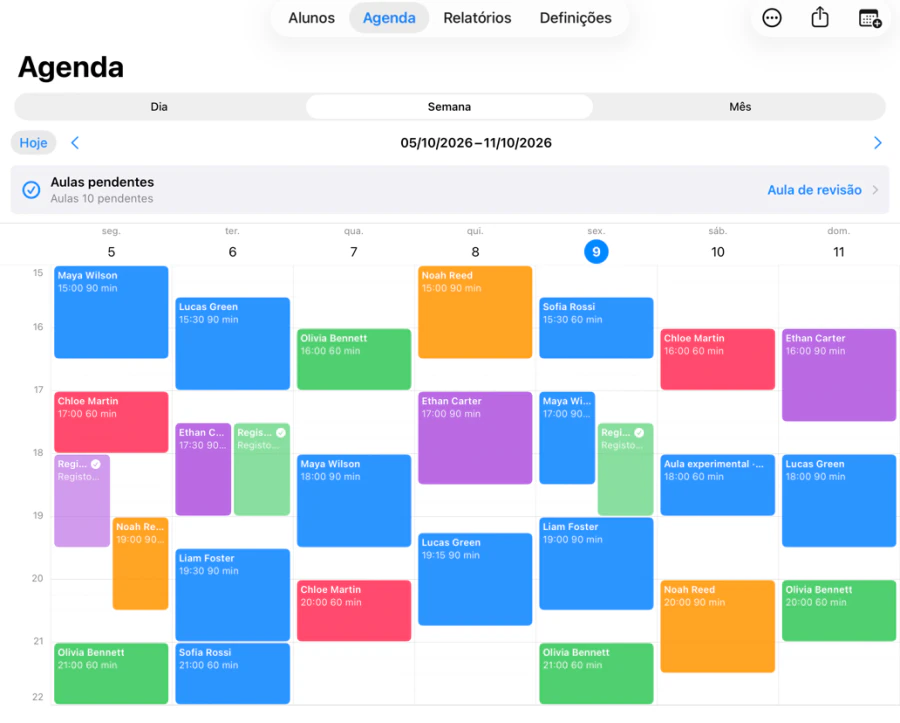 Horário semanal do Tutor Planner mostrando as aulas durante a semana