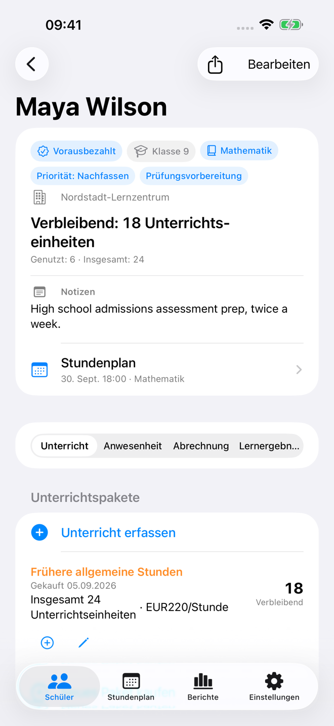 Unterrichtsaufzeichnung eines Schülers mit Paketguthaben und Stundenverlauf