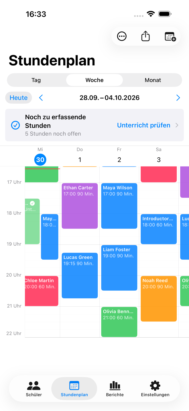 Tutor Planner Wochenplan mit Unterrichtsstunden