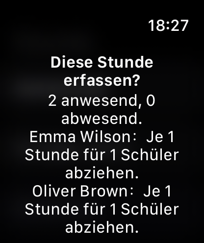 Apple-Watch-Ansicht zum schnellen Abschließen einer Stunde