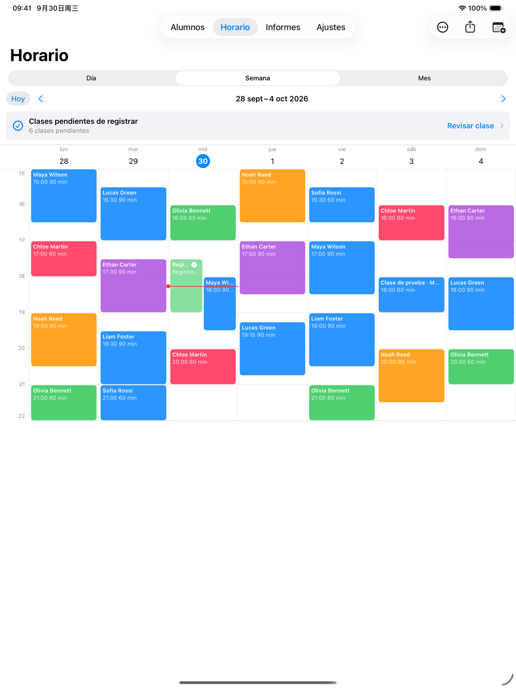 Horario semanal de tutorías de Tutor Planner en iPad