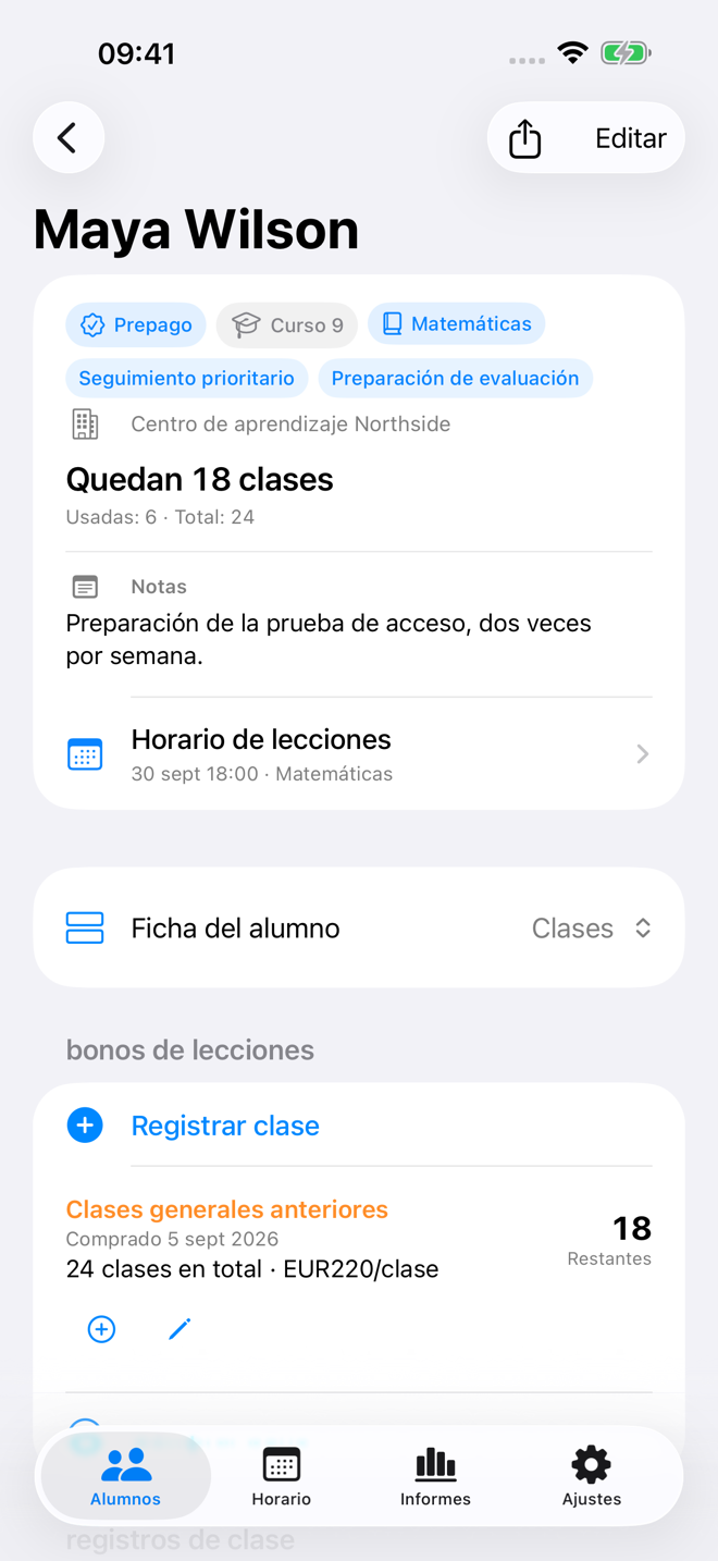 Registro de clase de un estudiante con saldo de paquete e historial de clases