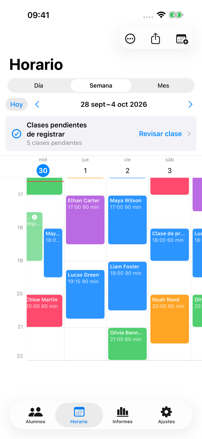 Horario semanal de Tutor Planner con clases durante la semana