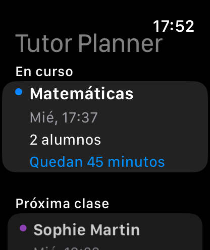Vista de Apple Watch con las clases de tutoría de hoy