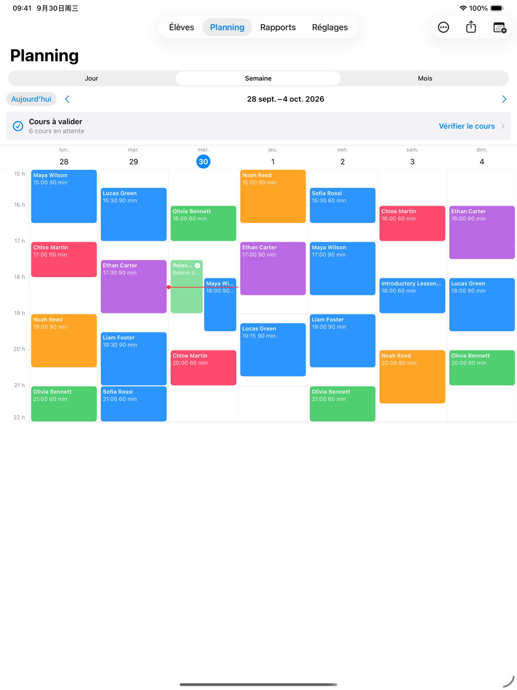Planning hebdomadaire de cours particuliers Tutor Planner sur iPad