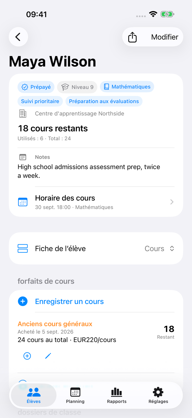 Compte rendu de cours d'un élève avec solde de forfait et historique des cours