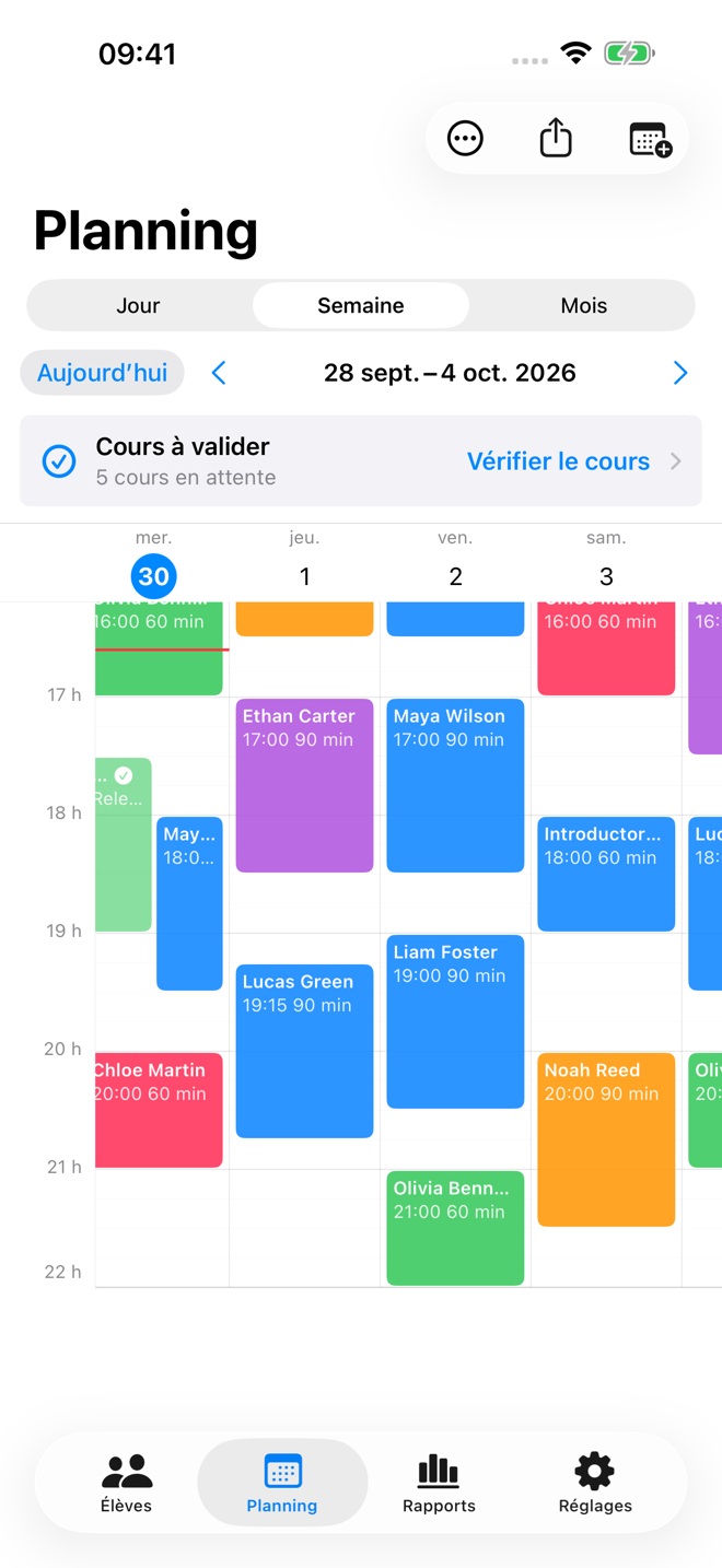 Planning hebdomadaire Tutor Planner affichant les cours de la semaine