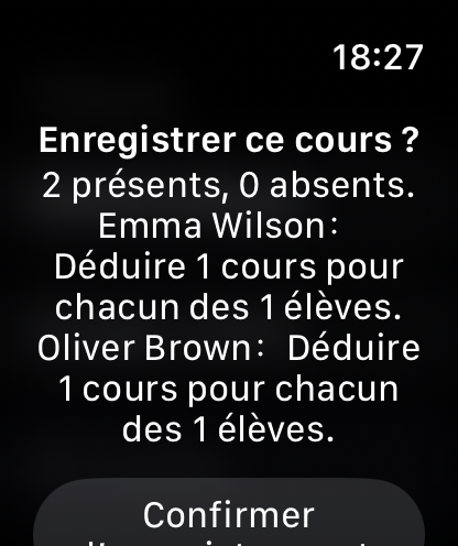Écran Apple Watch de finalisation rapide d'un cours