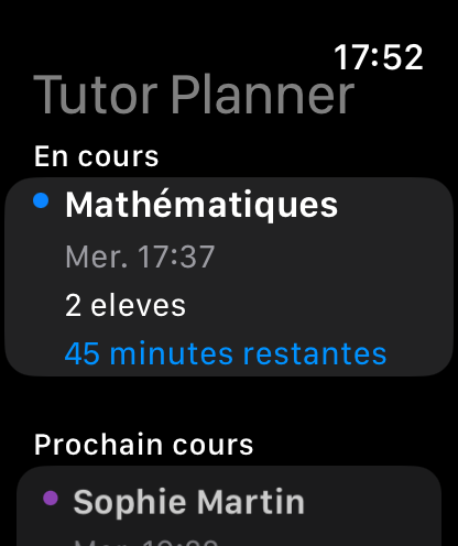 Vue Apple Watch des cours particuliers du jour