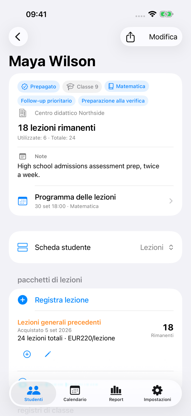 Registro di una lezione dello studente con saldo del pacchetto e cronologia