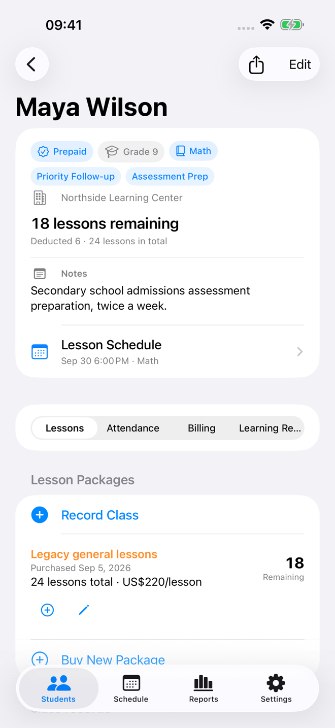 A student lesson record with package balance and class history