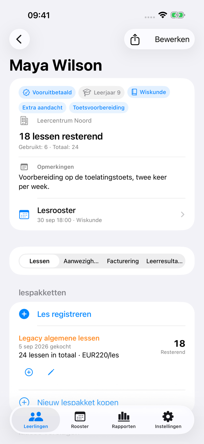 Een lesrecord voor leerlingen met pakketsaldo en lesgeschiedenis