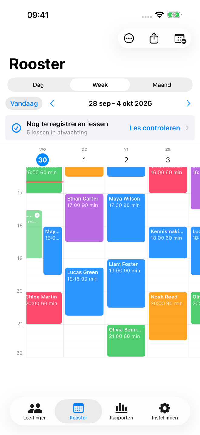 Tutor Planner weekschema met lessen gedurende de week