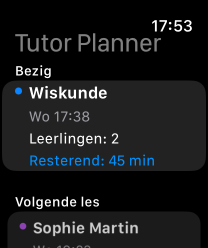 Apple Watch weergave van de bijleslessen van vandaag