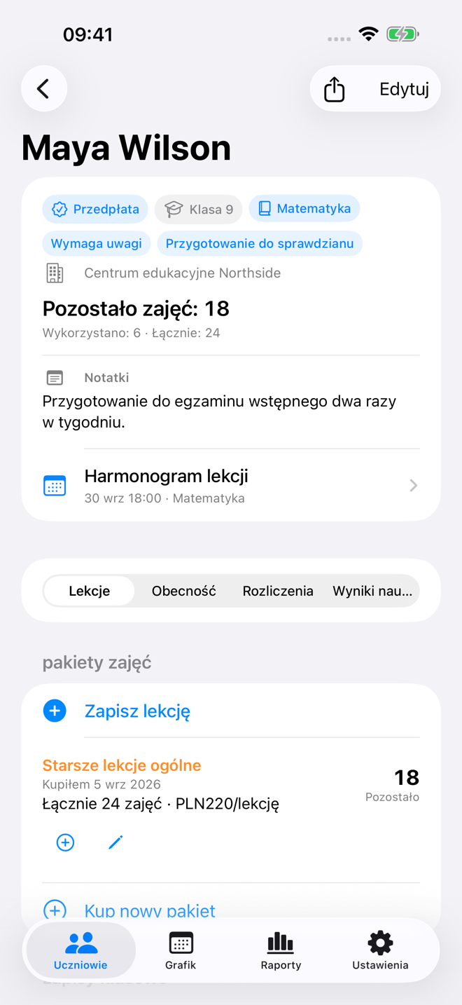 Zapis lekcji ucznia z saldem pakietu i historią zajęć