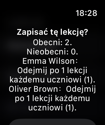 Ekran szybkiego zakończenia lekcji Apple Watch