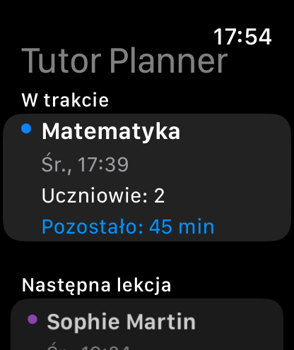 Apple Watch widok dzisiejszych lekcji korepetycji