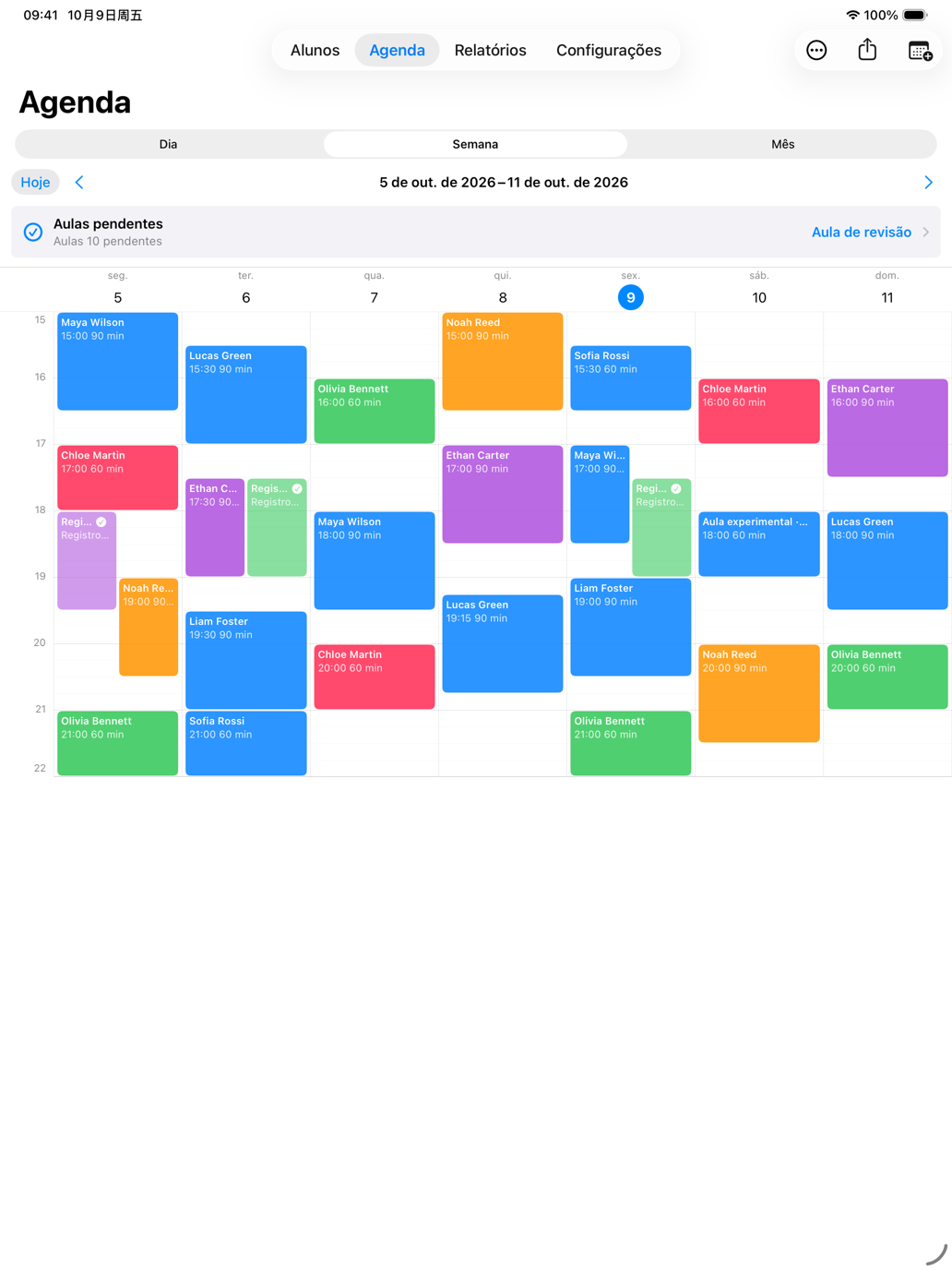 Programação semanal de aulas particulares do Tutor Planner no iPad
