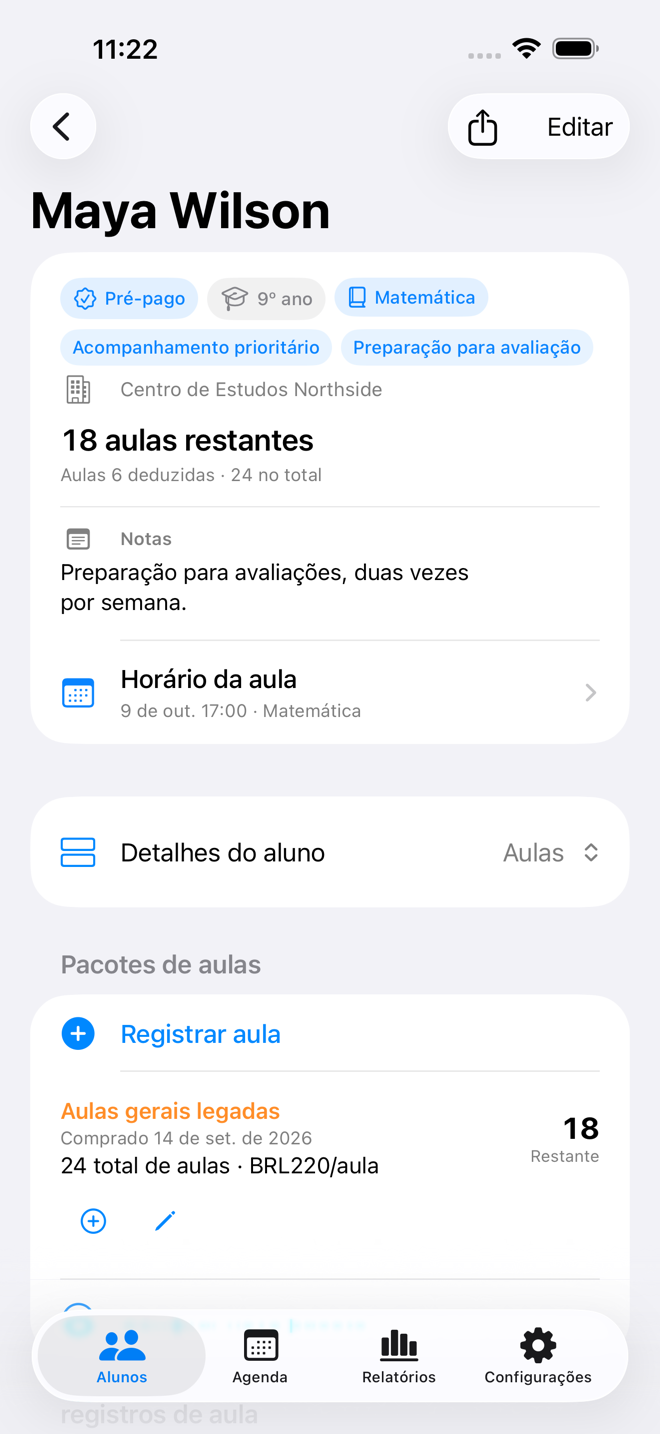 Um registro de aula do aluno com saldo do pacote e histórico da aula