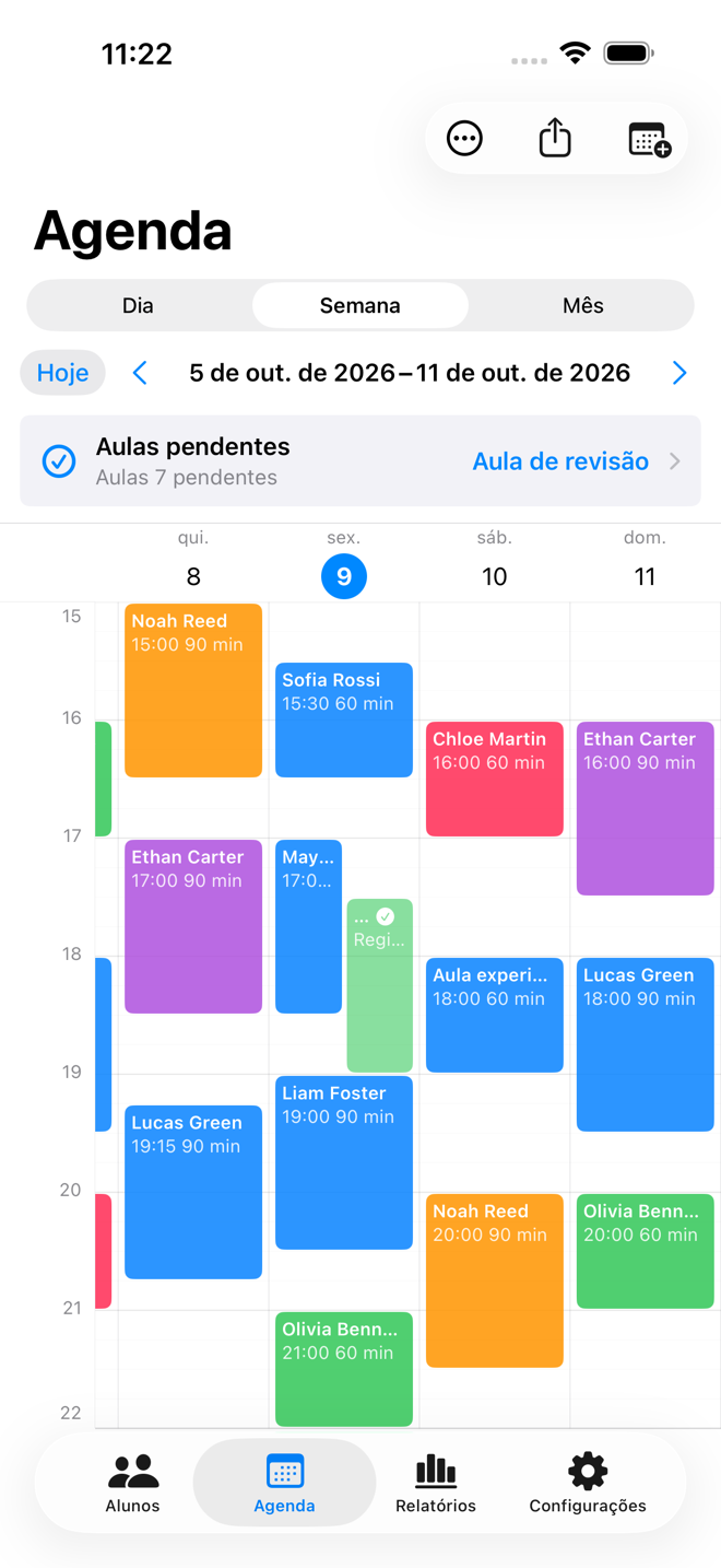 Programação semanal do Tutor Planner mostrando aulas durante a semana