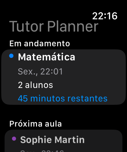 Visualização do Apple Watch das aulas de reforço de hoje