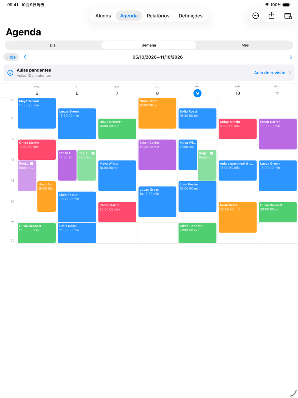 Horário semanal de explicações do Tutor Planner no iPad