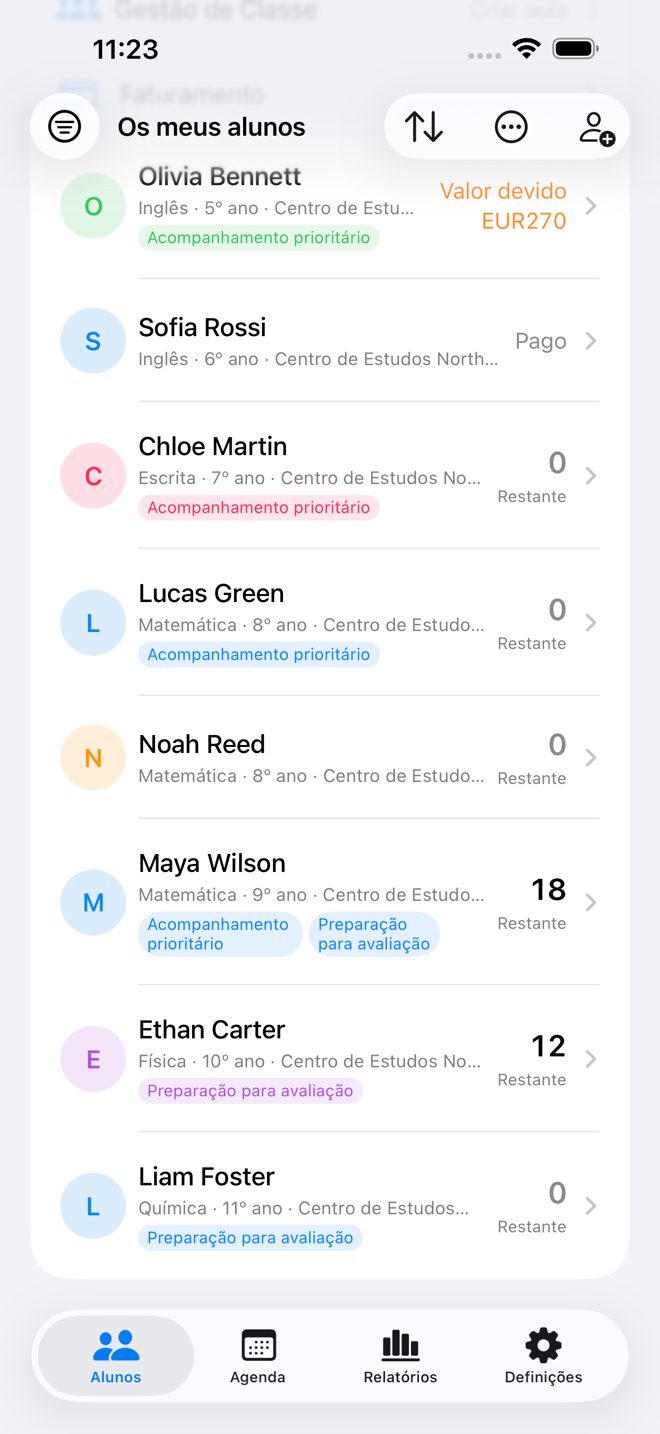 Lista de alunos do Tutor Planner com saldos de aulas e estado de cobrança