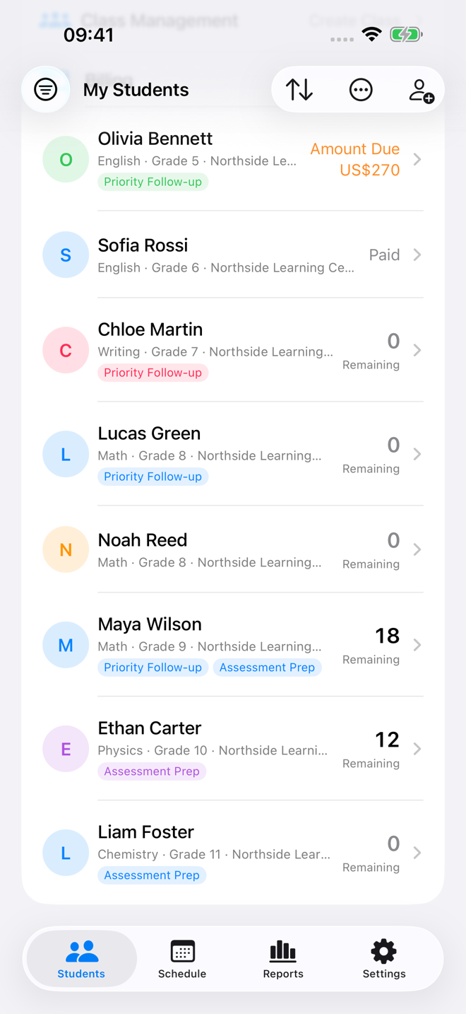 Tutor Planner student list with lesson balances and billing status