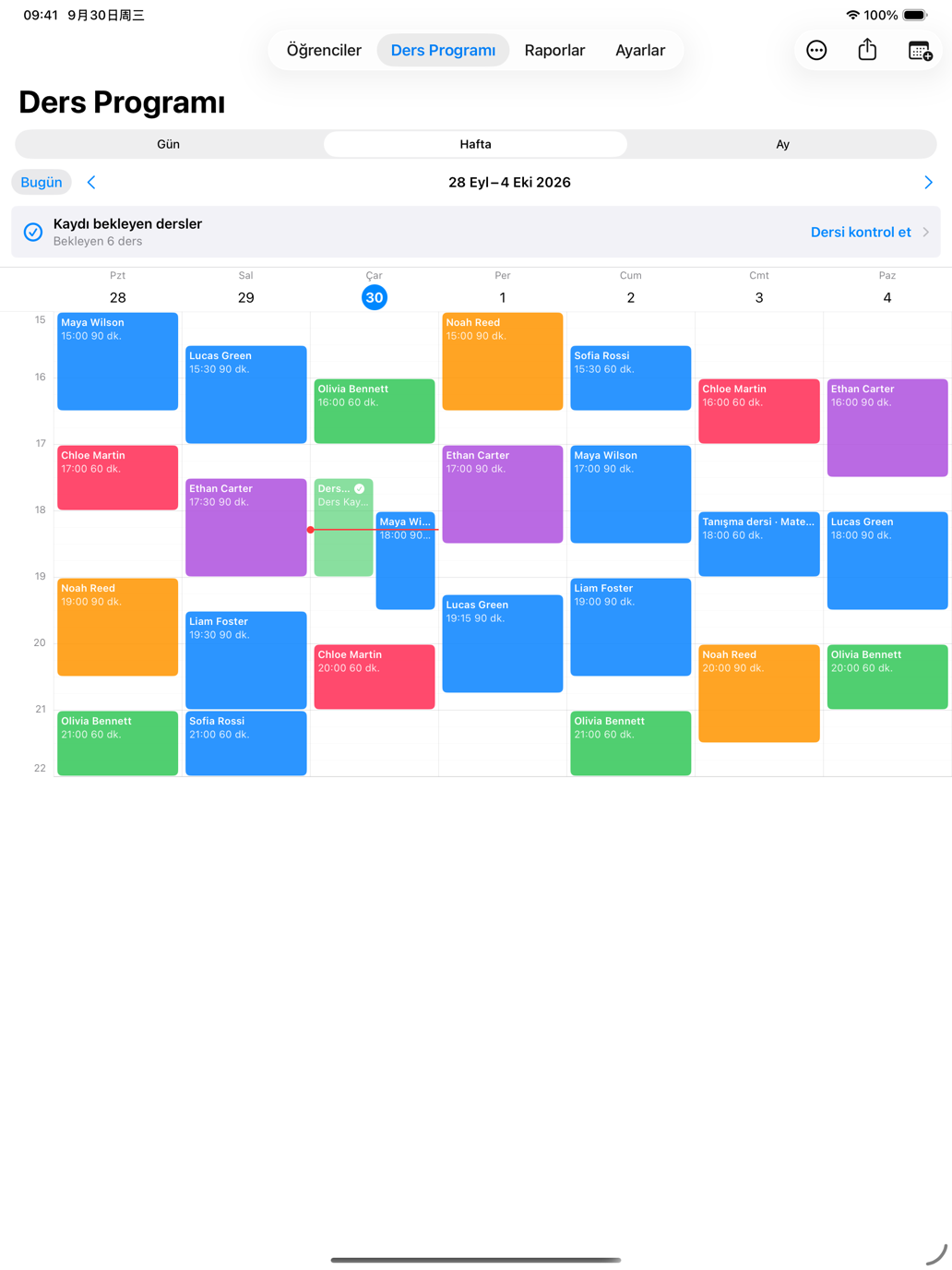 iPad'de Tutor Planner haftalık ders programı