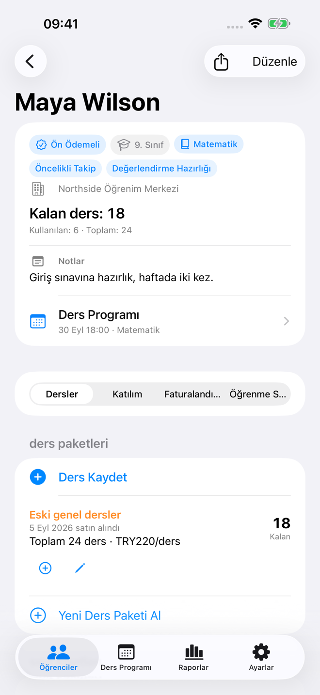 Paket bakiyesi ve sınıf geçmişi içeren bir öğrenci ders kaydı