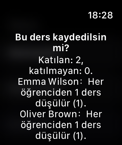 Apple Watch hızlı ders tamamlama ekranı