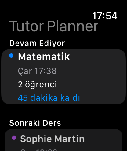 Apple Watch bugünkü özel ders derslerinin görünümü