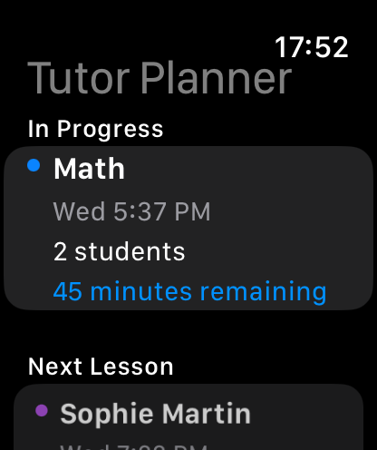 Apple Watch view of today's tutoring lessons